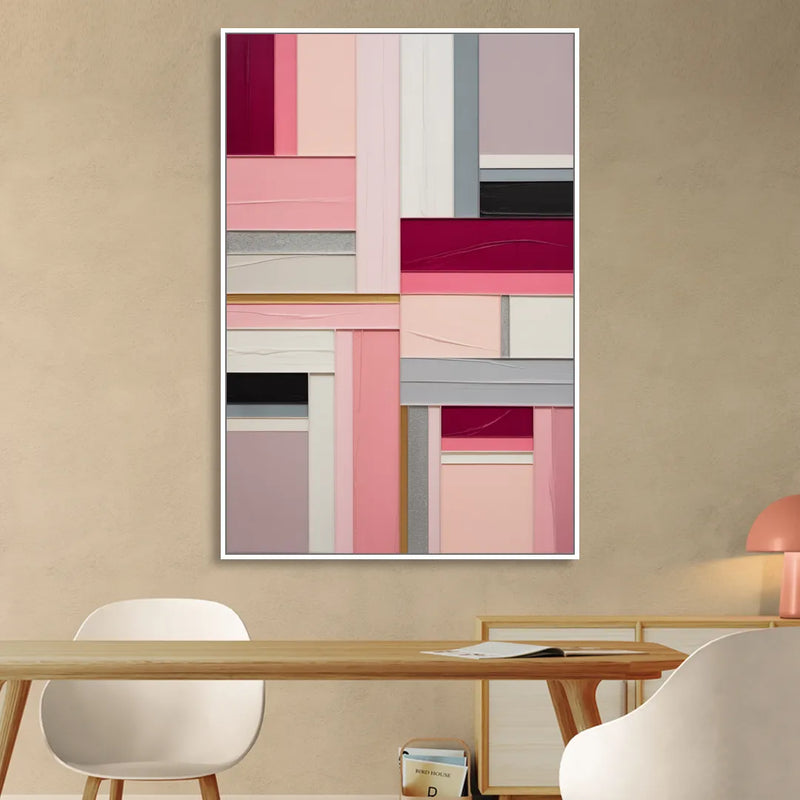 Geometric Elegance Pink Abstract Sitting Room - White Canvas Wall Art