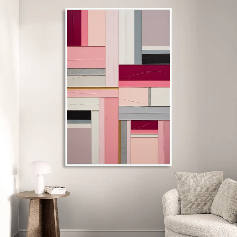 Geometric Elegance Pink Abstract Living Room - White Canvas Wall Art