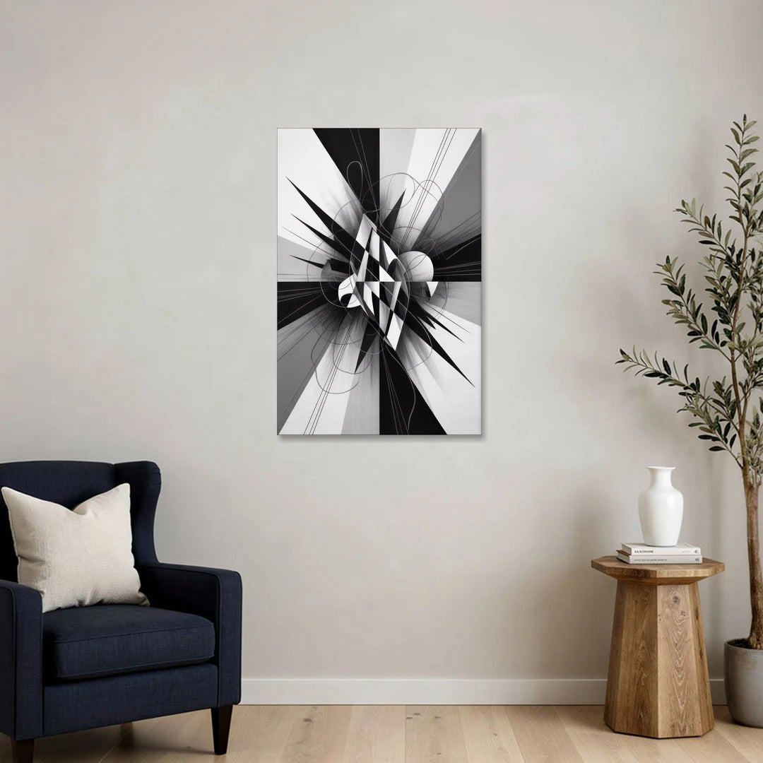 Geometric Elegance in Black and White Abstract - Canvas Wall Art - Sofa - 24x36