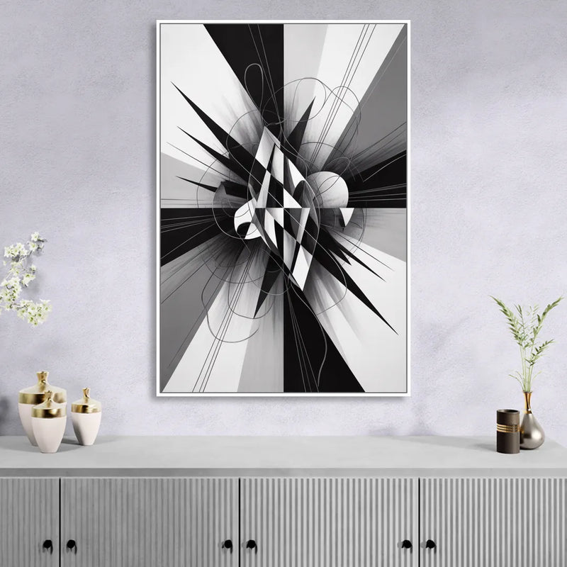 Geometric Elegance in Black and White Abstract Sitting Room - White Canvas Wall Art