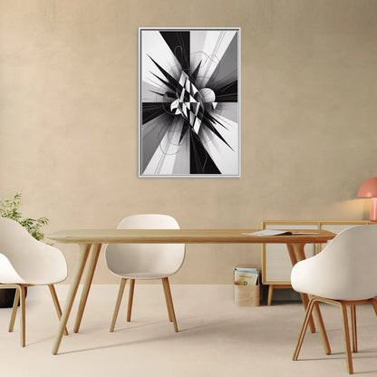 Geometric Elegance in Black and White Abstract - Living Room White Frame Canvas