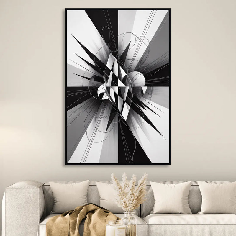 Geometric Elegance in Black and White Abstract Sitting Room - Black Canvas Wall Art