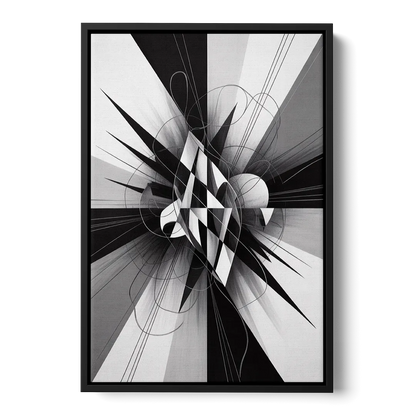 Geometric Elegance in Black and White Abstract - Black Frame Canvas