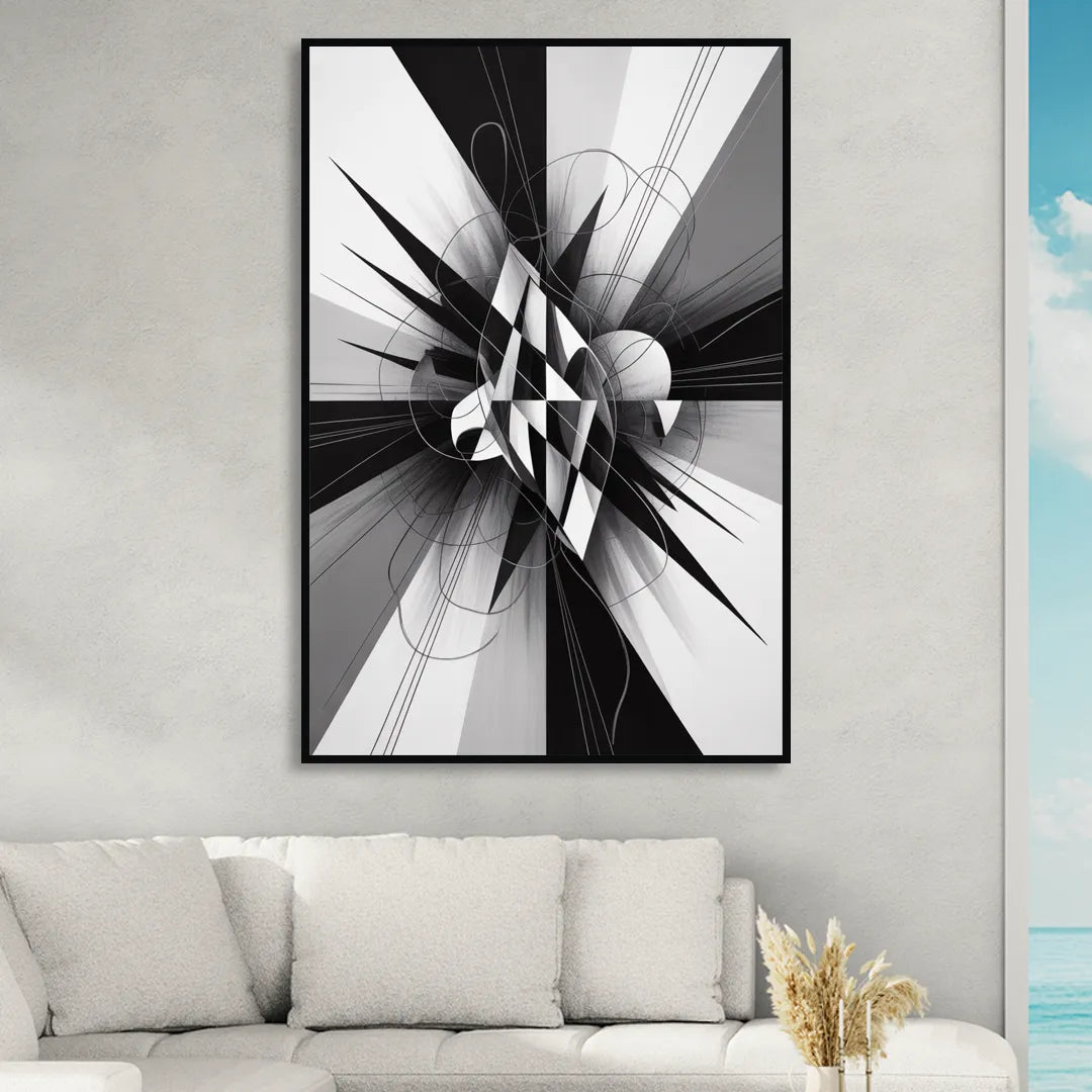 Geometric Elegance in Black and White Abstract Living Room - Black Canvas Wall Art