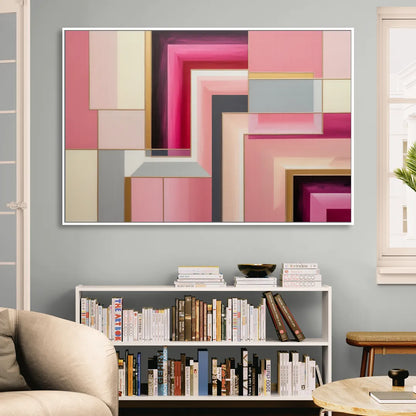 Geometric Elegance in Pink Abstract Living Room - White Canvas Wall Art