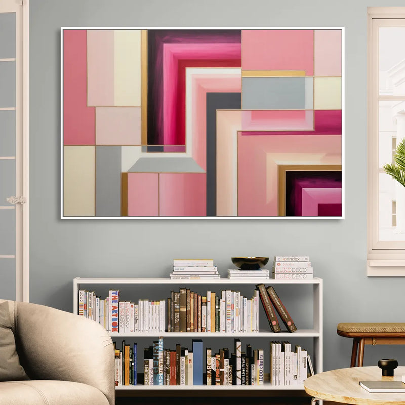 Geometric Elegance in Pink Abstract Living Room - White Canvas Wall Art
