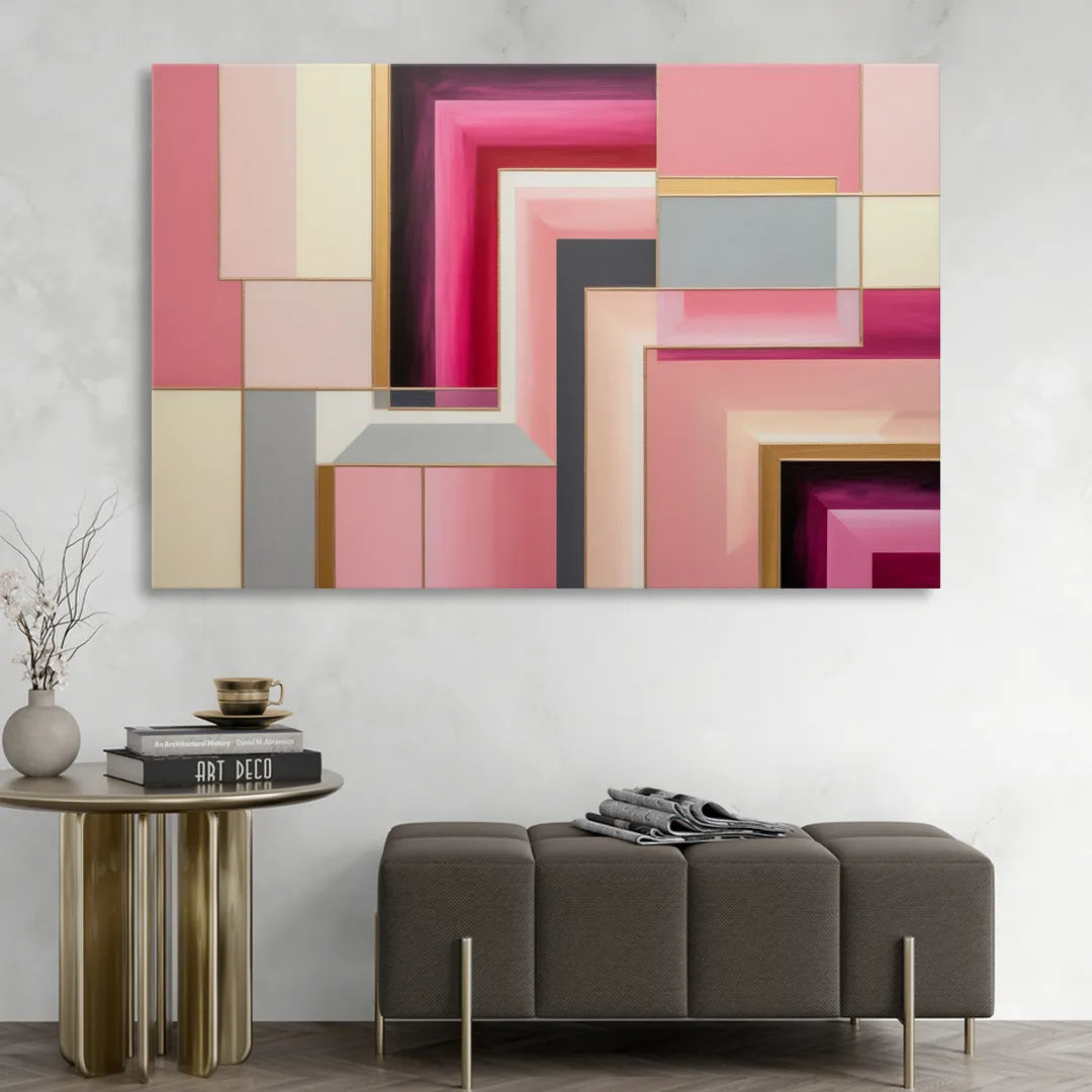 Geometric Elegance in Pink Abstract Living Room - Canvas Wall Art