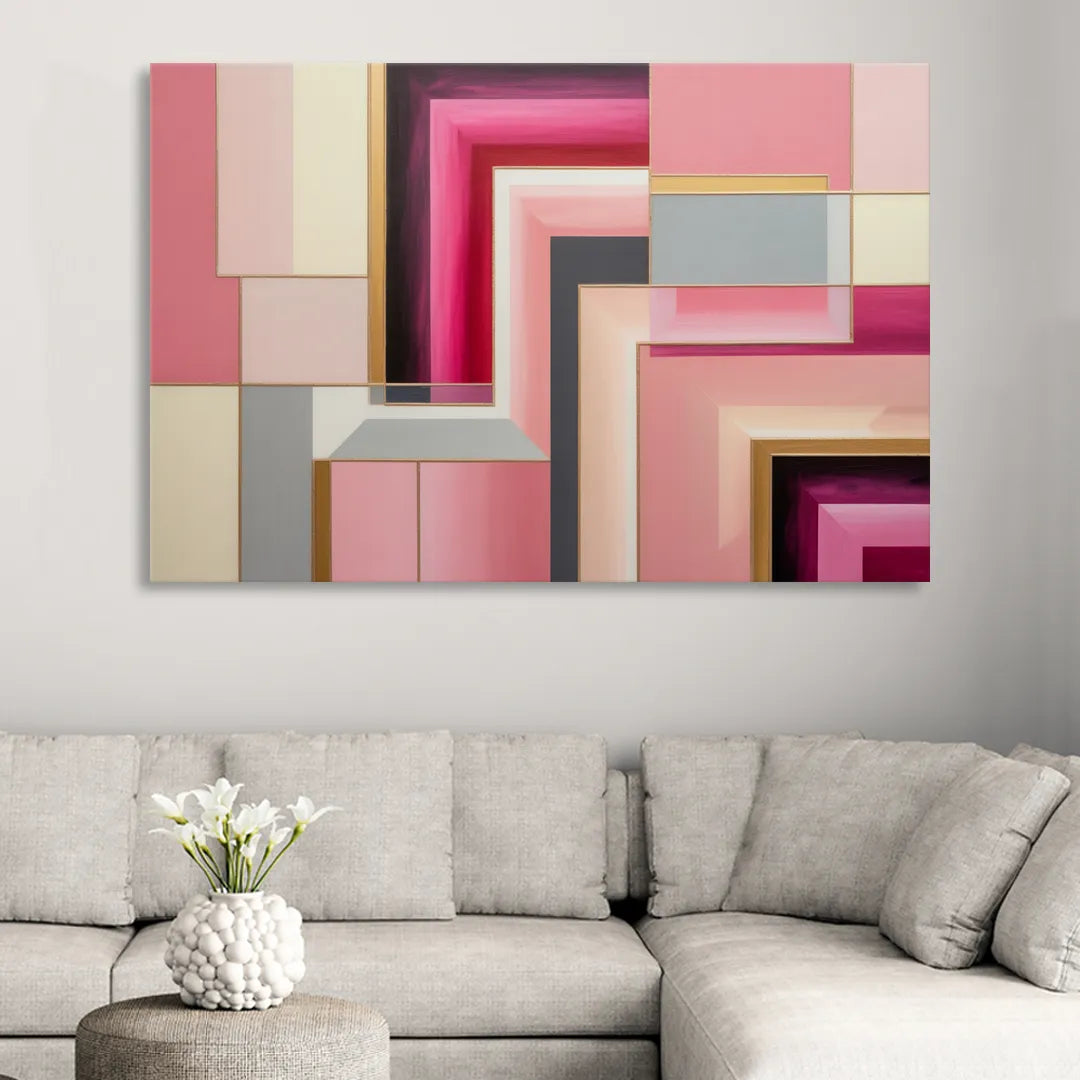Geometric Elegance in Pink Abstract Sitting Room - Canvas Wall Art