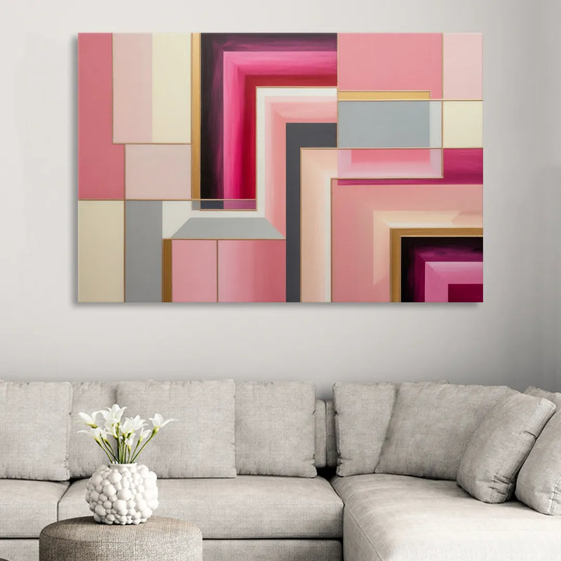 Geometric Elegance in Pink Abstract Sitting Room - Canvas Wall Art