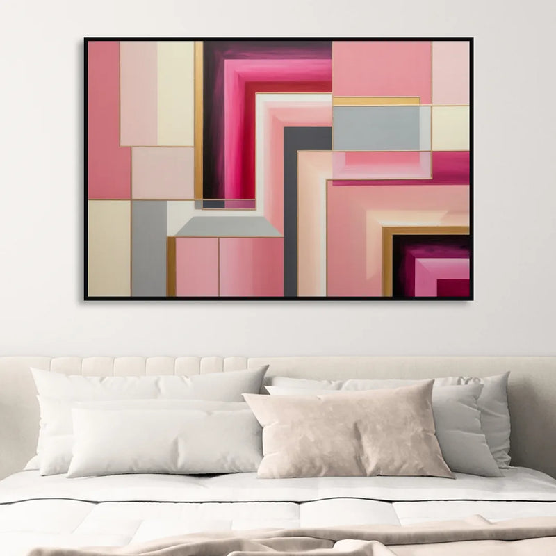 Geometric Elegance in Pink Abstract Living Room - Black Canvas Wall Art