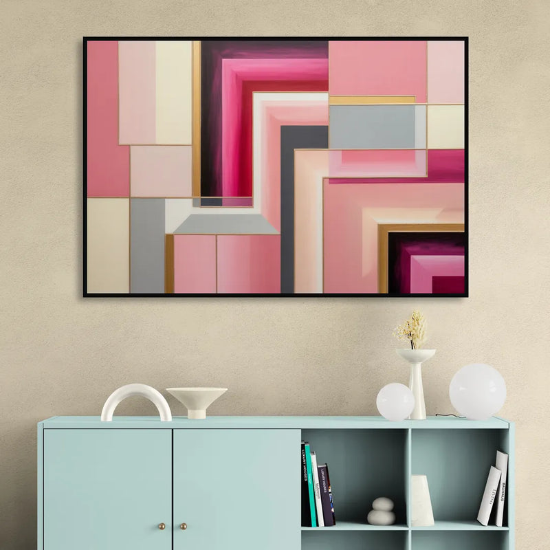 Geometric Elegance in Pink Abstract Sitting Room - Black Canvas Wall Art