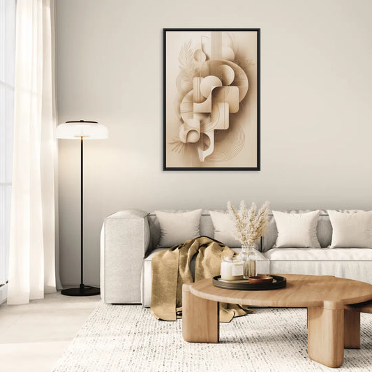 Geometric Harmony Beige Abstract - Living Room Black Frame Canvas