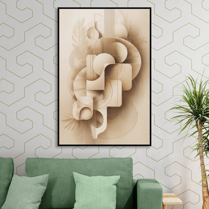 Geometric Harmony Beige Abstract Sitting Room - Black Canvas Wall Art