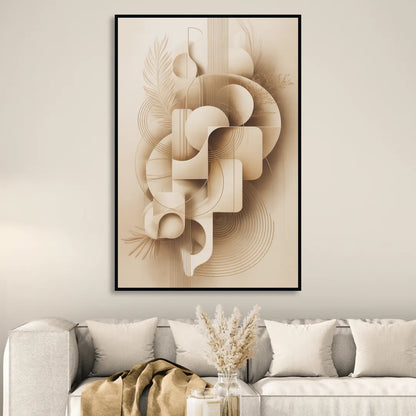 Geometric Harmony Beige Abstract Living Room - Black Canvas Wall Art