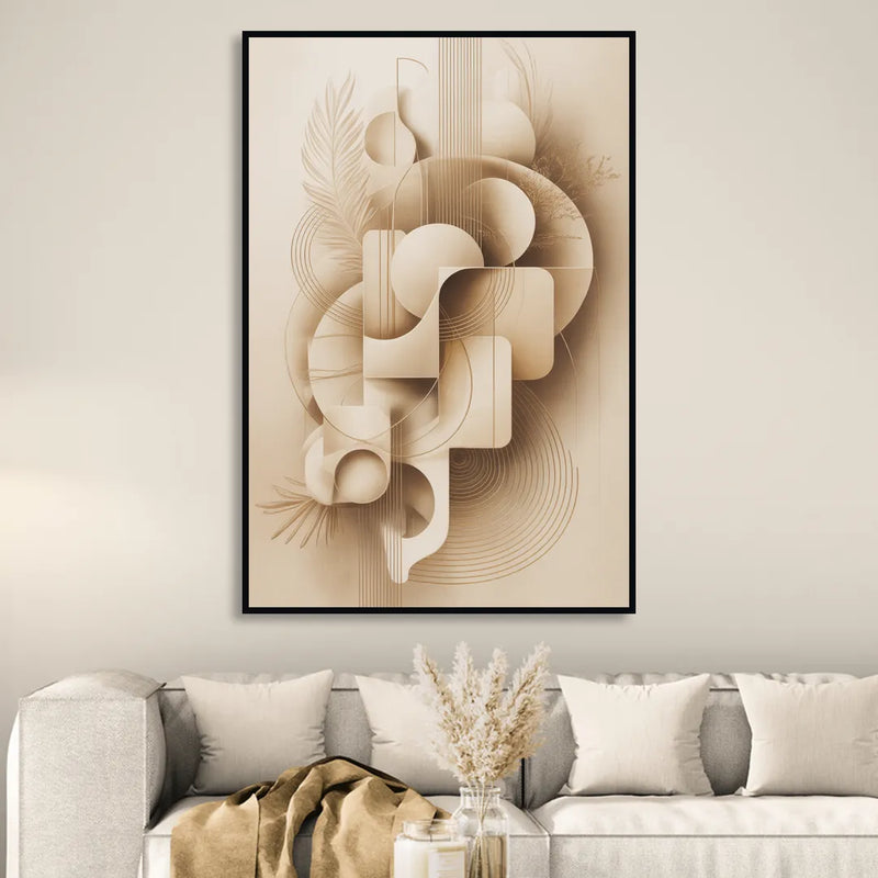 Geometric Harmony Beige Abstract Living Room - Black Canvas Wall Art