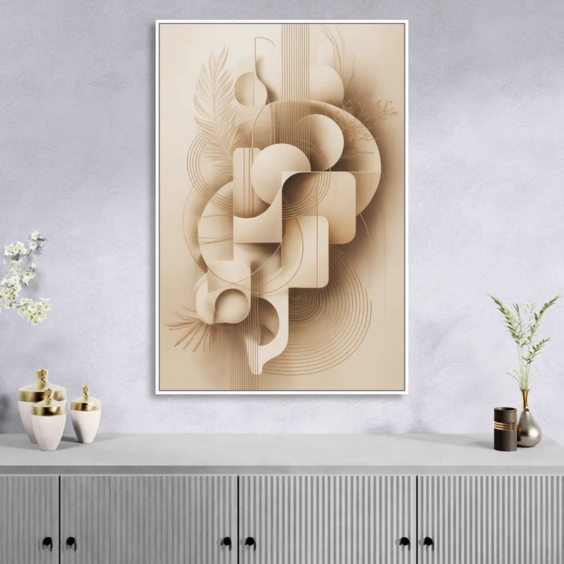 Geometric Harmony Beige Abstract Living Room - White Canvas Wall Art