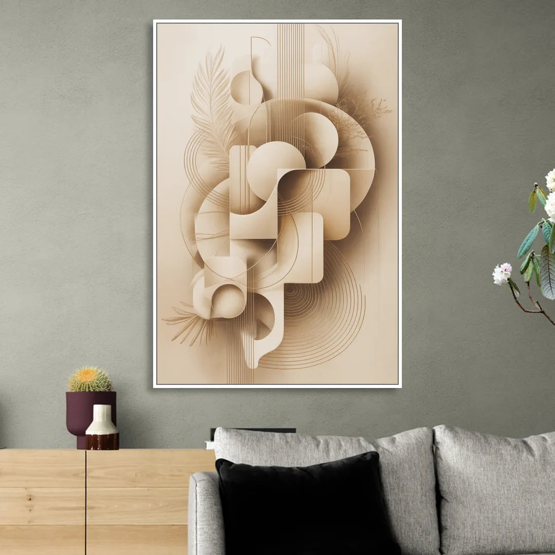 Geometric Harmony Beige Abstract Sitting Room - White Canvas Wall Art