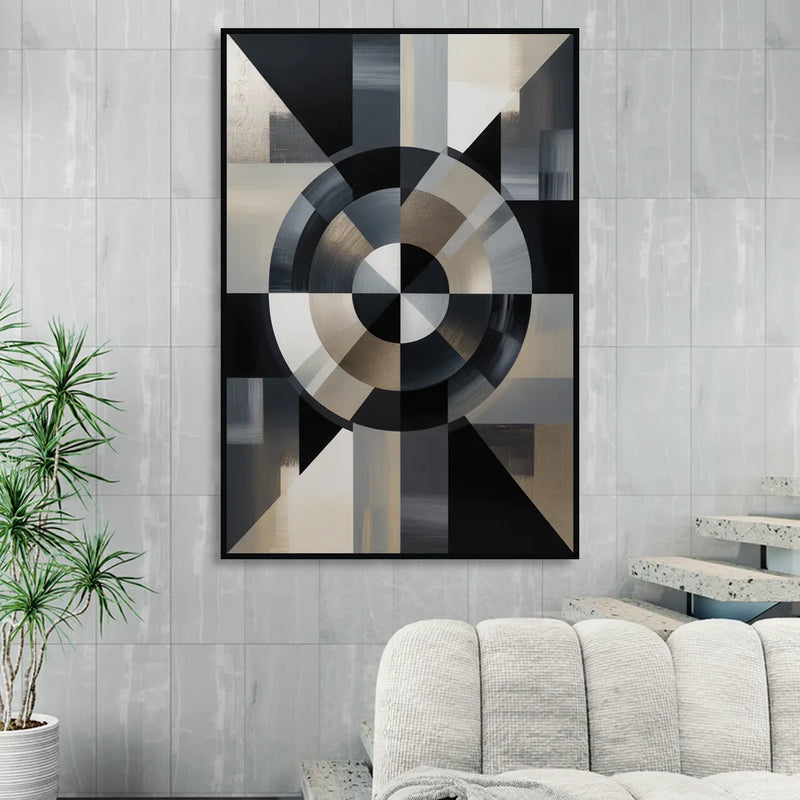 Geometric Harmony Black and Grey Abstract Sitting Room - Black Canvas Wall Art