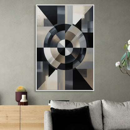 Geometric Harmony Black and Grey Abstract Living Room - White Canvas Wall Art