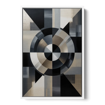 Geometric Harmony Black and Grey Abstract - White Frame Canvas