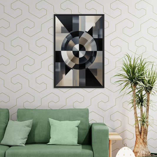 Geometric Harmony Black and Grey Abstract - Living Room Black Frame Canvas