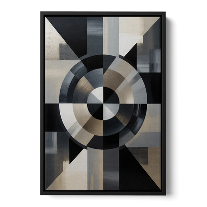 Geometric Harmony Black and Grey Abstract - Black Frame Canvas