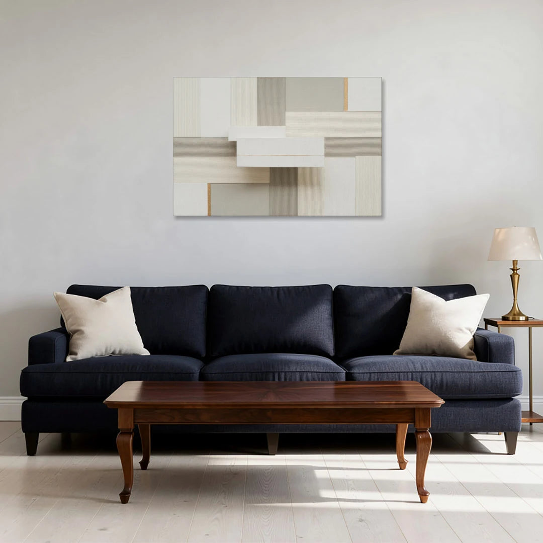 Geometric Harmony in White Abstract - Canvas Wall Art - Sofa - 36x24