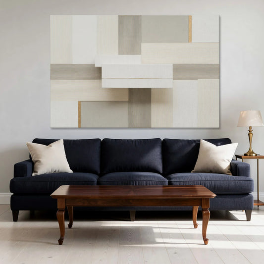 Geometric Harmony in White Abstract - Canvas Wall Art - Sofa - 60x40