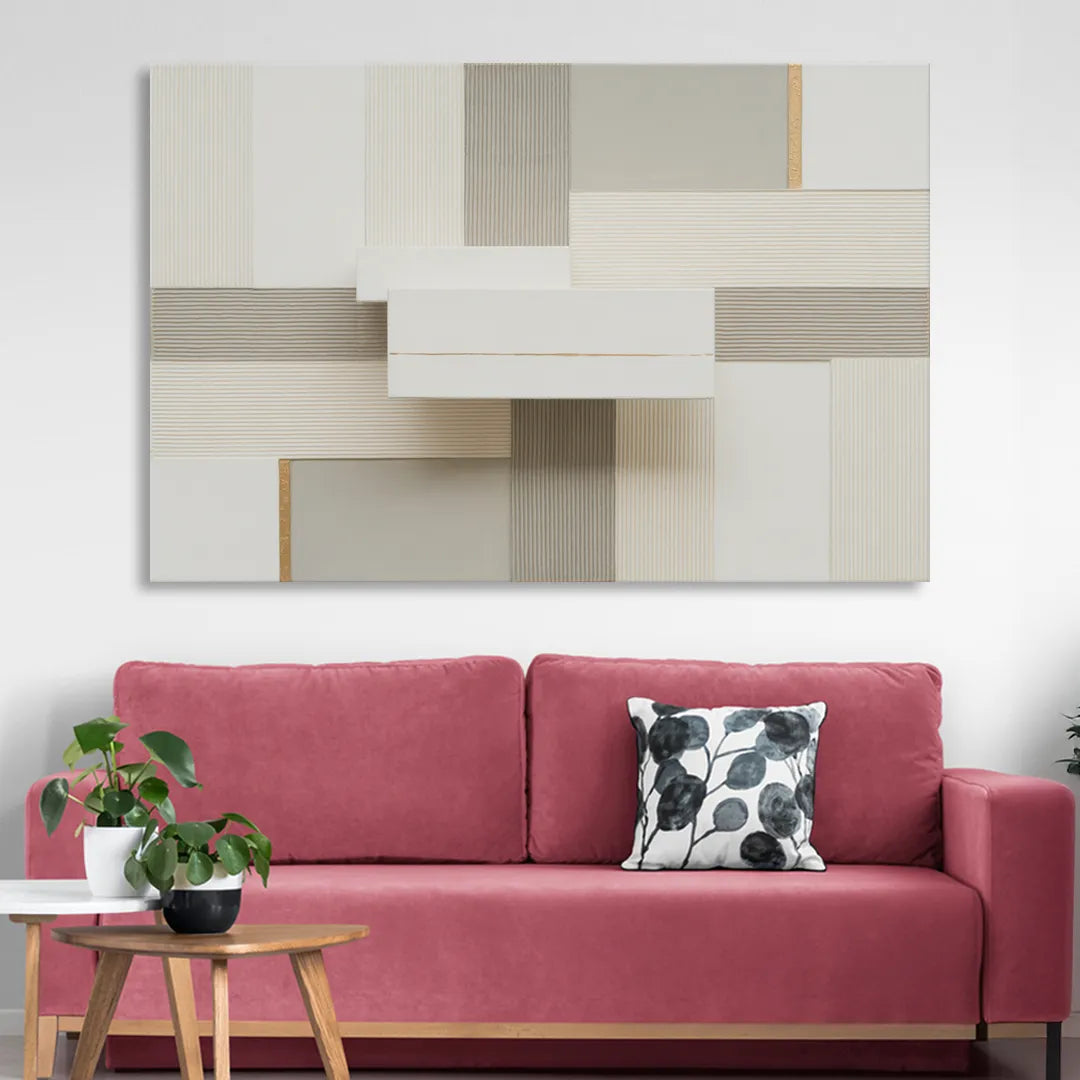 Geometric Harmony in White Abstract Sitting Room - Canvas Wall Art