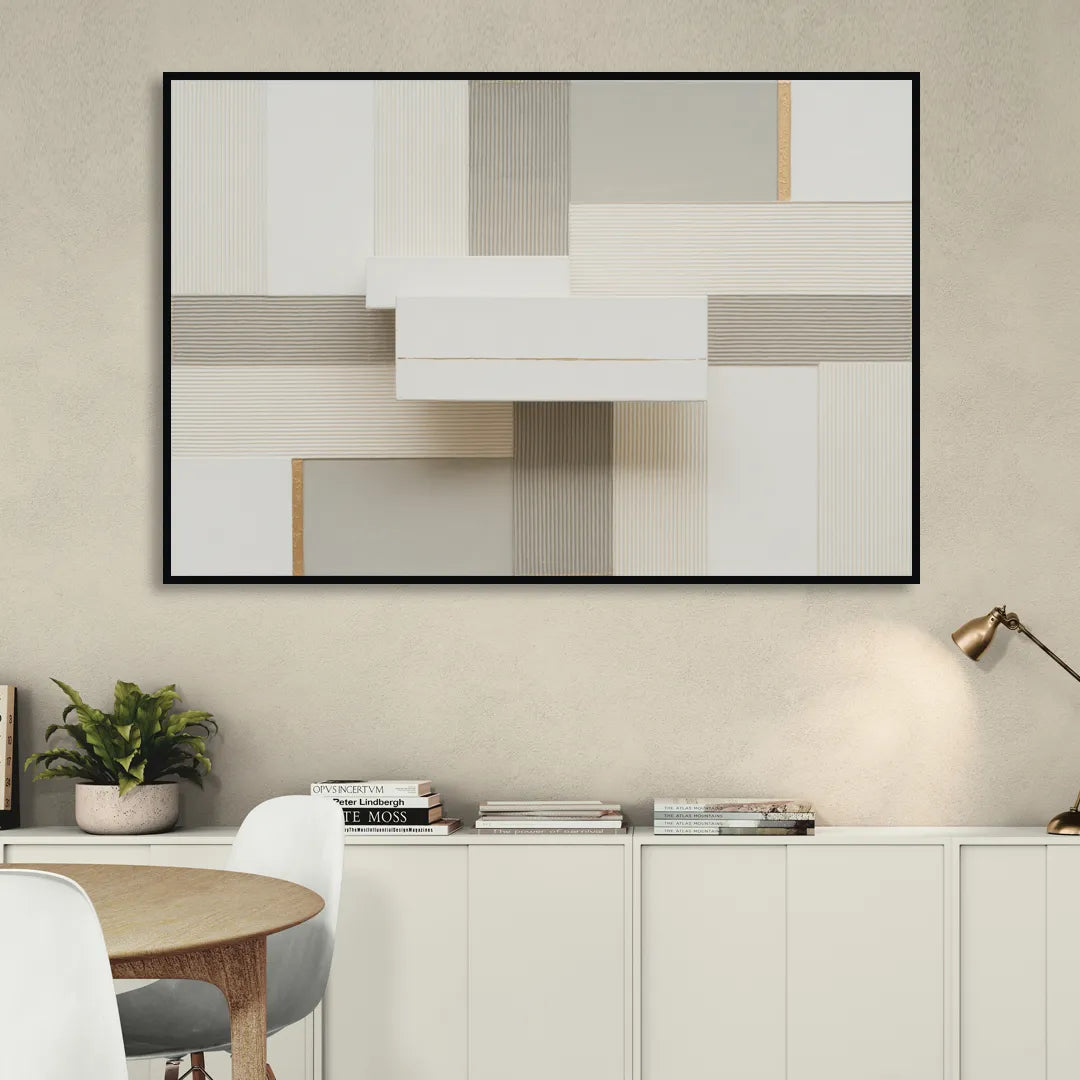 Geometric Harmony in White Abstract Living Room - Black Canvas Wall Art