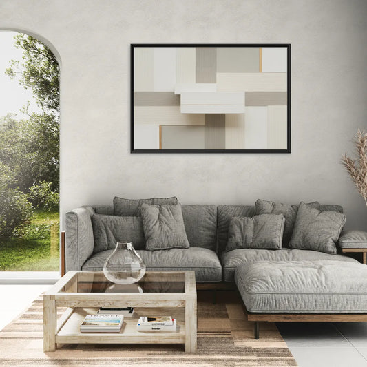 Geometric Harmony in White Abstract - Living Room Black Frame Canvas