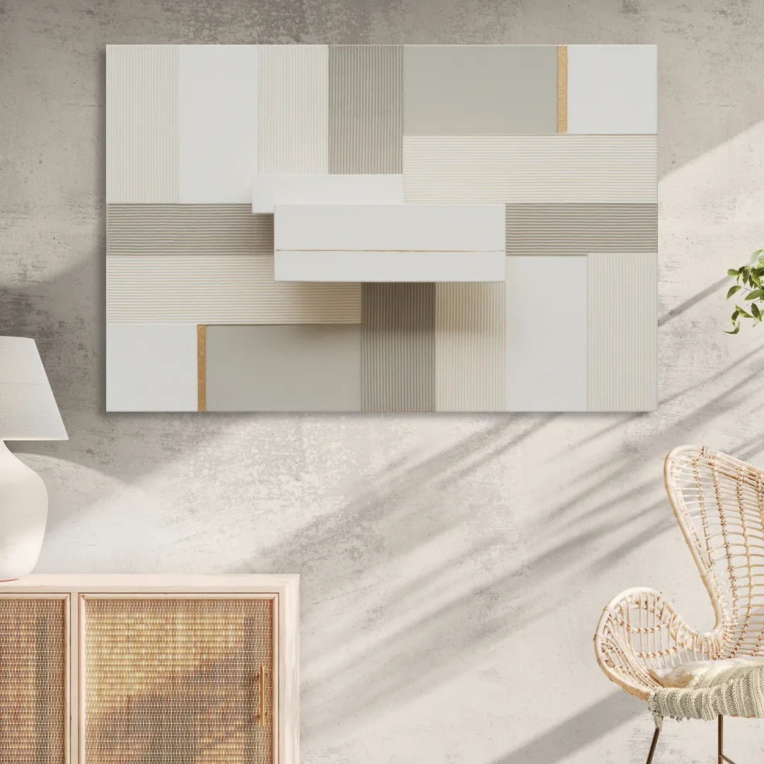 Geometric Harmony in White Abstract Living Room - Canvas Wall Art