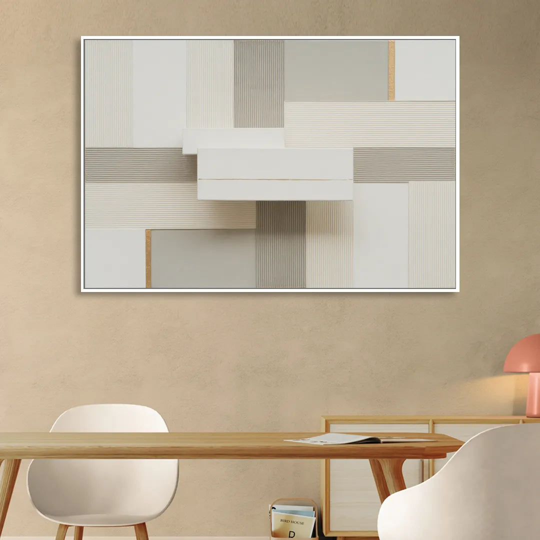 Geometric Harmony in White Abstract Sitting Room - White Canvas Wall Art