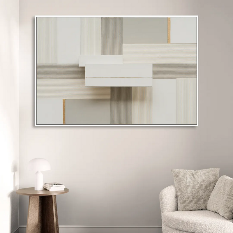 Geometric Harmony in White Abstract Living Room - White Canvas Wall Art