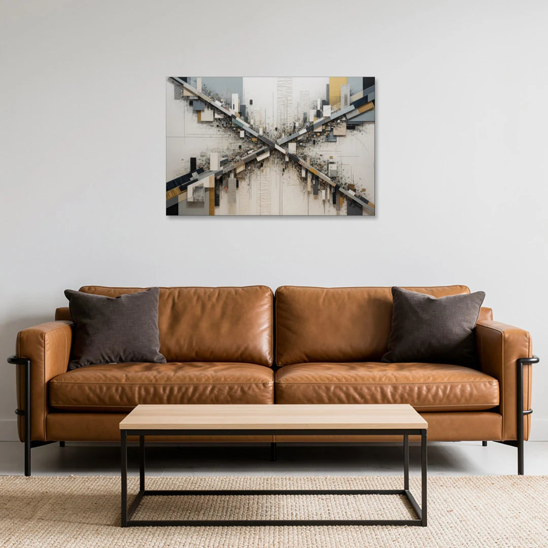 Geometric Urban Elegance White Abstract - Canvas Wall Art - Sofa - 36x24