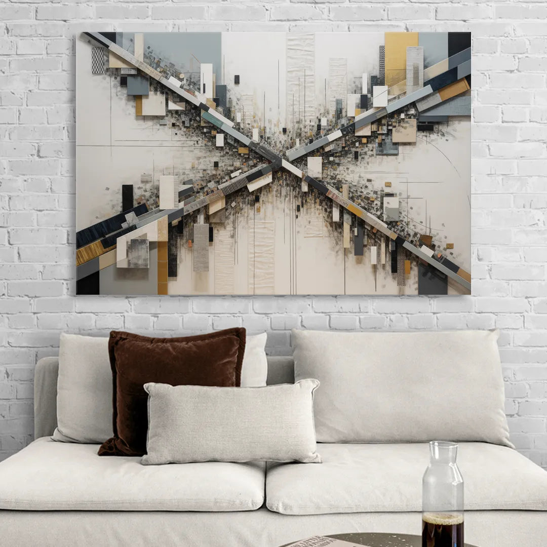 Geometric Urban Elegance White Abstract Sitting Room - Canvas Wall Art