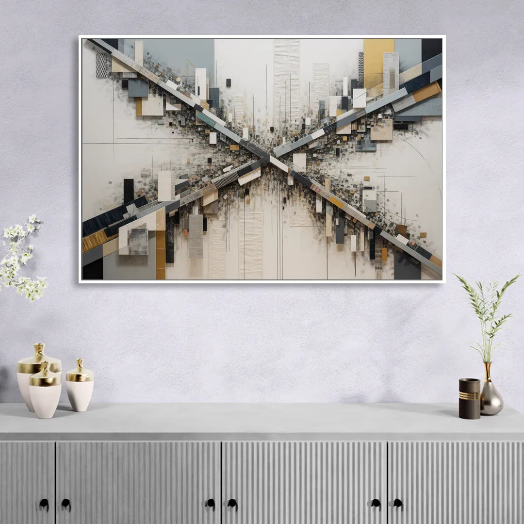 Geometric Urban Elegance White Abstract Sitting Room - White Canvas Wall Art