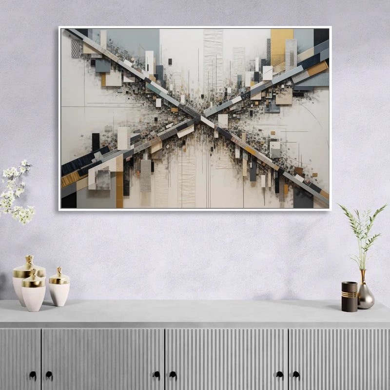 Geometric Urban Elegance White Abstract Sitting Room - White Canvas Wall Art