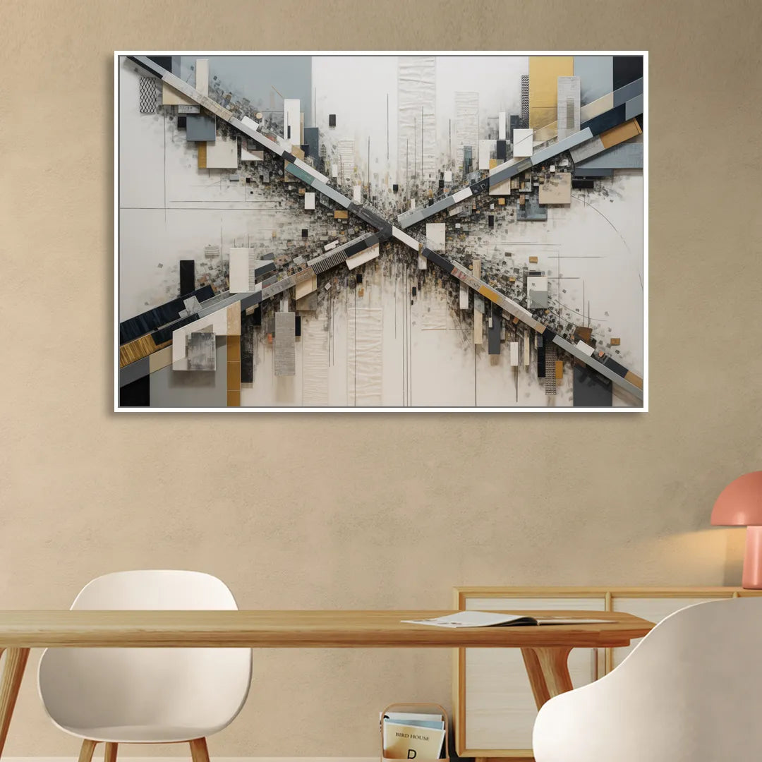 Geometric Urban Elegance White Abstract Living Room - White Canvas Wall Art