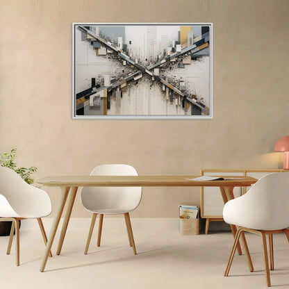 Geometric Urban Elegance White Abstract - Living Room White Frame Canvas