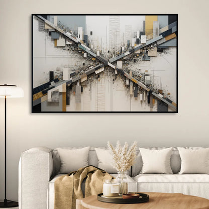 Geometric Urban Elegance White Abstract Sitting Room - Black Canvas Wall Art