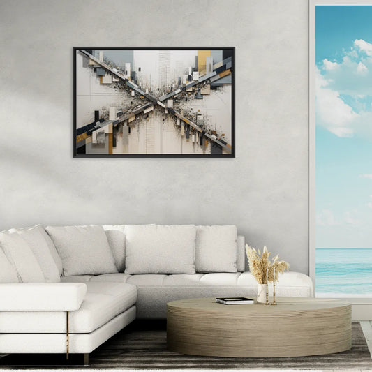 Geometric Urban Elegance White Abstract - Living Room Black Frame Canvas