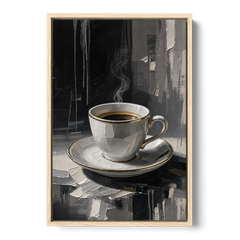 Black and White Gilded Espresso Cup for the Kitchen - Oak Framed Canvas Wall Art - Front