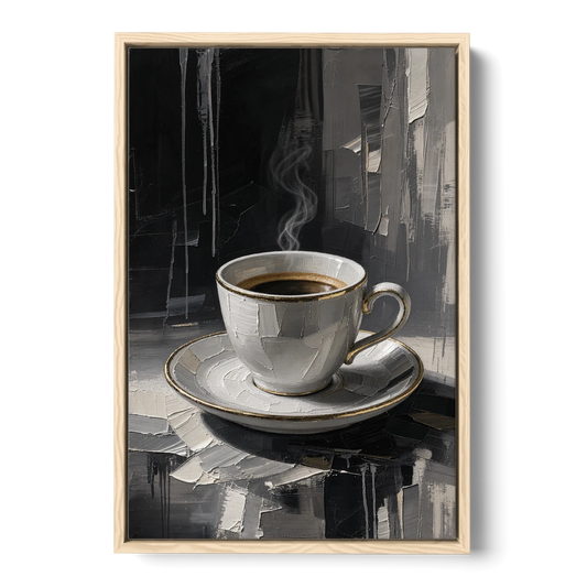 Black and White Gilded Espresso Cup for the Kitchen - Oak Framed Canvas Wall Art - Front