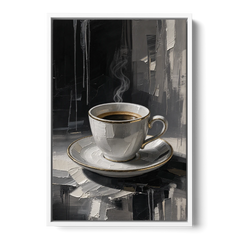 Black and White Gilded Espresso Cup for the Kitchen - White Framed Canvas Wall Art - Front