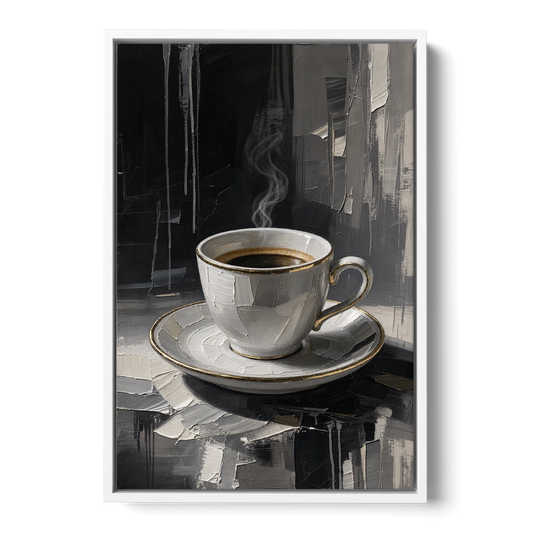 Black and White Gilded Espresso Cup for the Kitchen - White Framed Canvas Wall Art - Front