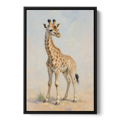 Giraffe Nursery Wall Art of a Baby Glancing Back - Black Framed Canvas Wall Art - Front