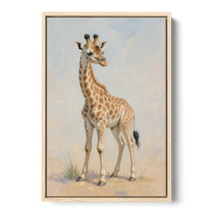 Giraffe Nursery Wall Art of a Baby Glancing Back - Oak Framed Canvas Wall Art - Front