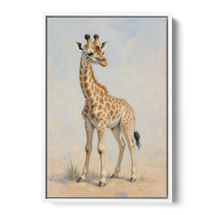 Giraffe Nursery Wall Art of a Baby Glancing Back - White Framed Canvas Wall Art - Front