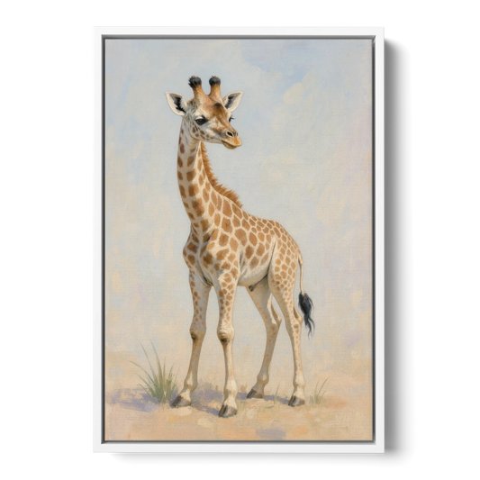 Giraffe Nursery Wall Art of a Baby Glancing Back - White Framed Canvas Wall Art - Front